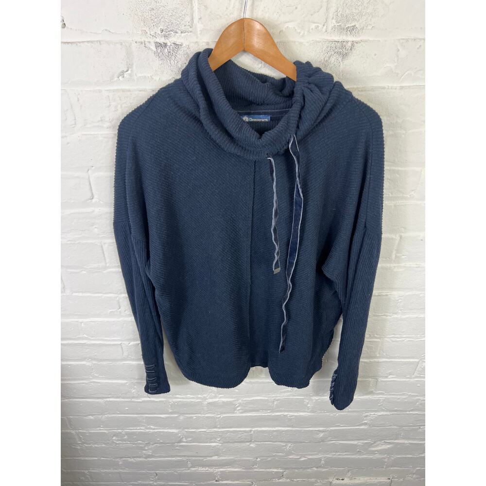 Democracy Women's Cowl Neck Pullover Knit Drawstring Tunic Top Blue Size L